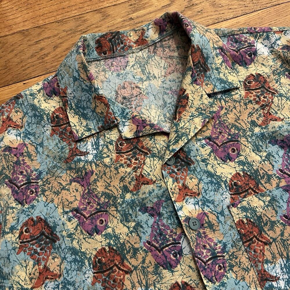 Vintage Hawaiian Fish Tribal Camp Collar Short Sleeve Button Up Shirt 2XL